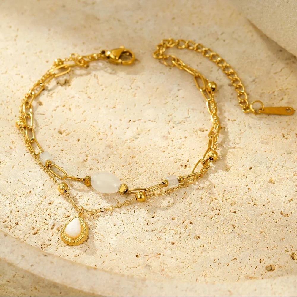 18K Gold Plated White Water-drop Natural Stone Layered Bracelet